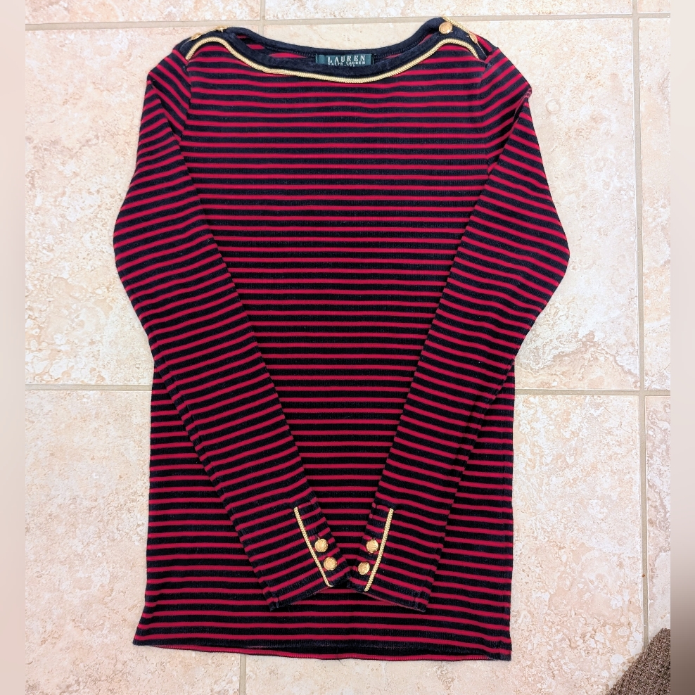 Lauren Ralph Lauren Pxs Nautical Striped Gold Button Boat Neck Top Red And Navy